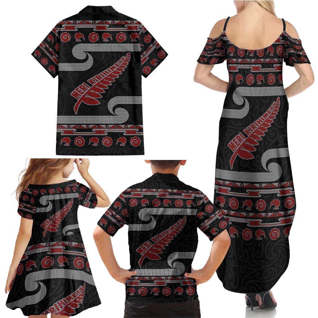 New Zealand Christmas Family Matching Summer Maxi Dress and Hawaiian Shirt Meri Kirihimete Silver Fern Knit Style Red Color - Polynesian Pride