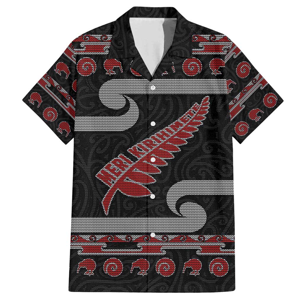 New Zealand Christmas Family Matching Tank Maxi Dress and Hawaiian Shirt Meri Kirihimete Silver Fern Knit Style Red Color - Polynesian Pride
