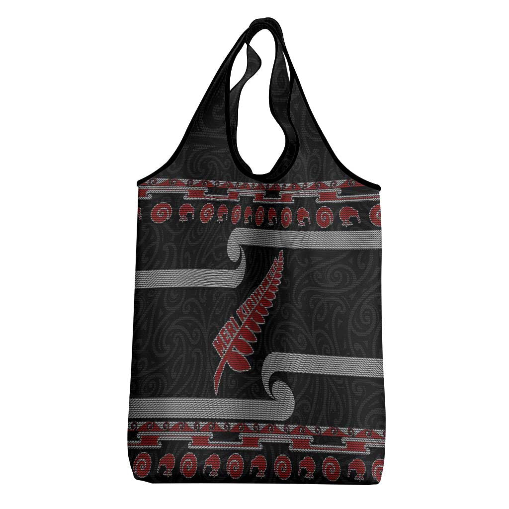 New Zealand Christmas Grocery Bag Meri Kirihimete Silver Fern Knit Style Red Color - Polynesian Pride