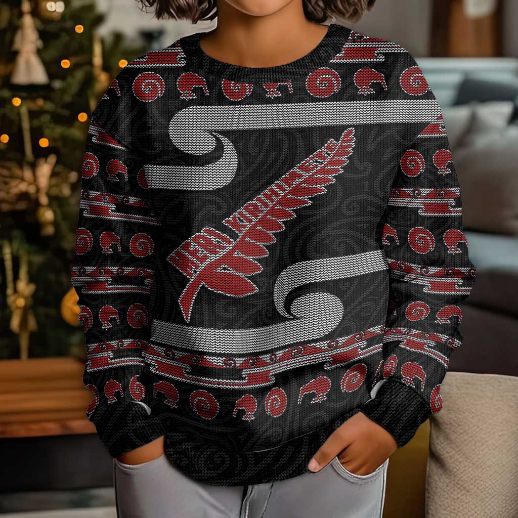 New Zealand Christmas Kid Ugly Christmas Sweater Meri Kirihimete Silver Fern Knit Style Red Color LT03 - Polynesian Pride