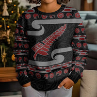 New Zealand Christmas Kid Ugly Christmas Sweater Meri Kirihimete Silver Fern Knit Style Red Color LT03 - Polynesian Pride