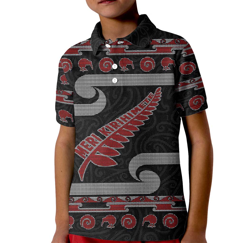 New Zealand Christmas Kid Polo Shirt Meri Kirihimete Silver Fern Knit Style Red Color - Polynesian Pride