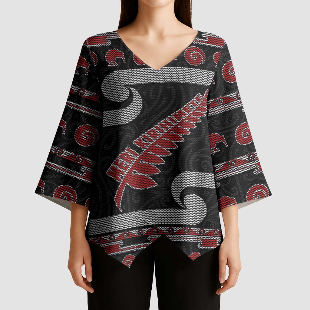 New Zealand Christmas Kimono Sleeve Blouse Meri Kirihimete Silver Fern Knit Style Red Color - Polynesian Pride