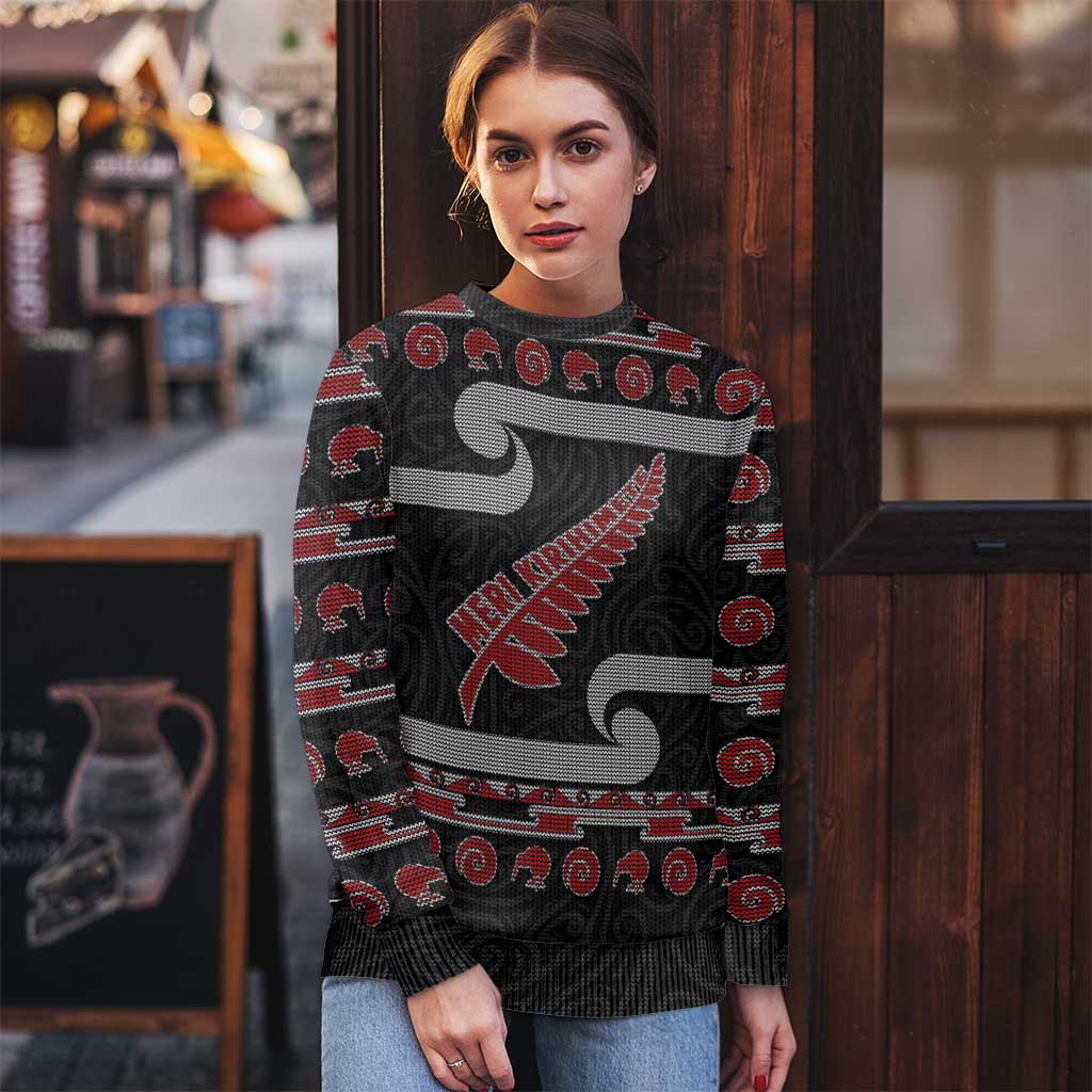 New Zealand Christmas Ugly Christmas Sweater Meri Kirihimete Silver Fern Knit Style Red Color - Polynesian Pride