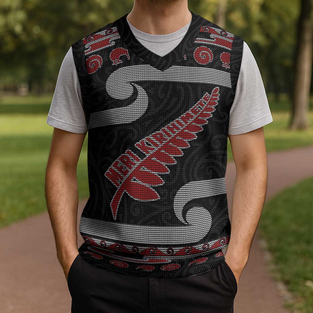 New Zealand Christmas Knitted V-Neck Vest Meri Kirihimete Silver Fern Knit Style Red Color - Polynesian Pride