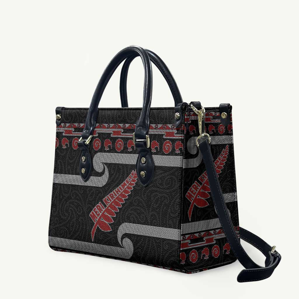 New Zealand Christmas Leather Bag Meri Kirihimete Silver Fern Knit Style Red Color - Polynesian Pride