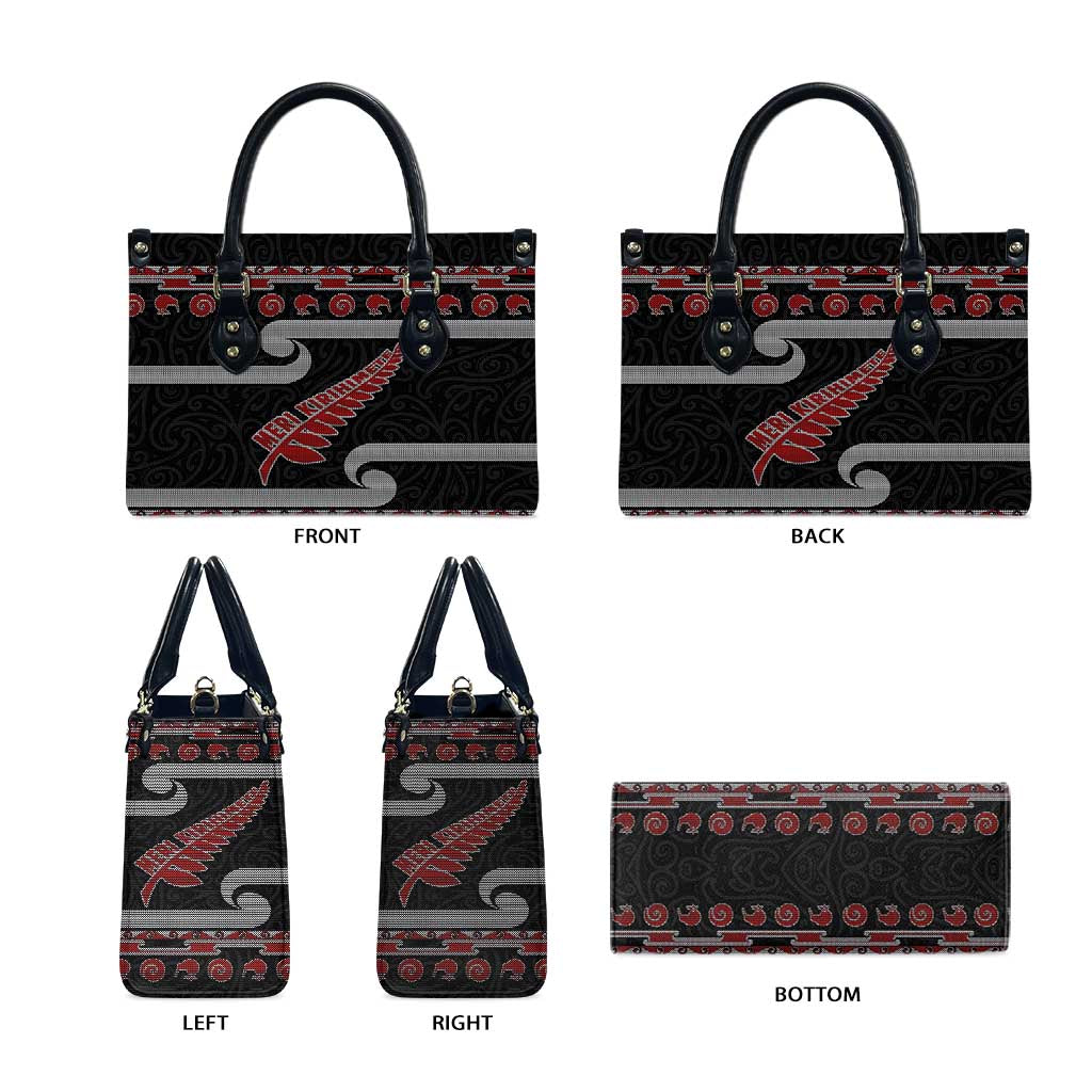 New Zealand Christmas Leather Bag Meri Kirihimete Silver Fern Knit Style Red Color - Polynesian Pride