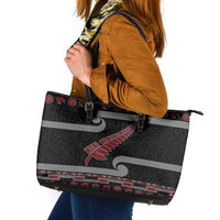 New Zealand Christmas Leather Tote Bag Meri Kirihimete Silver Fern Knit Style Red Color - Polynesian Pride