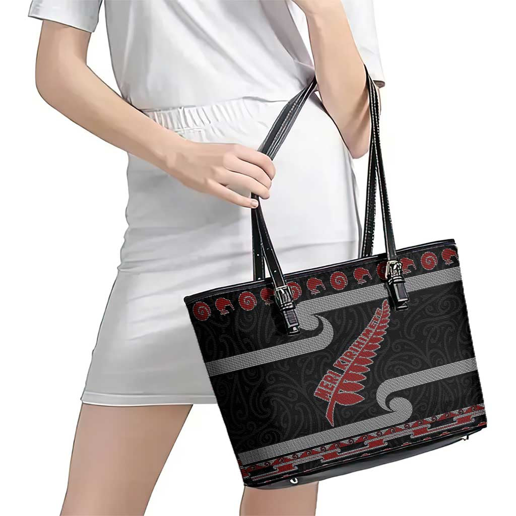New Zealand Christmas Leather Tote Bag Meri Kirihimete Silver Fern Knit Style Red Color - Polynesian Pride