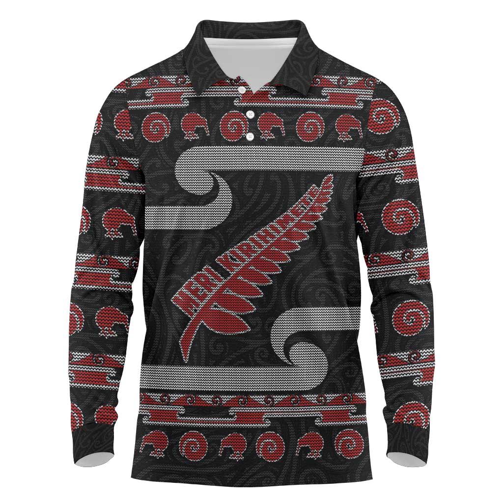 New Zealand Christmas Long Sleeve Polo Shirt Meri Kirihimete Silver Fern Knit Style Red Color - Polynesian Pride
