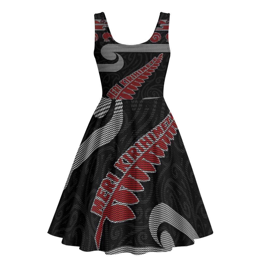 New Zealand Christmas Midi Dress Meri Kirihimete Silver Fern Knit Style Red Color LT03 - Polynesian Pride