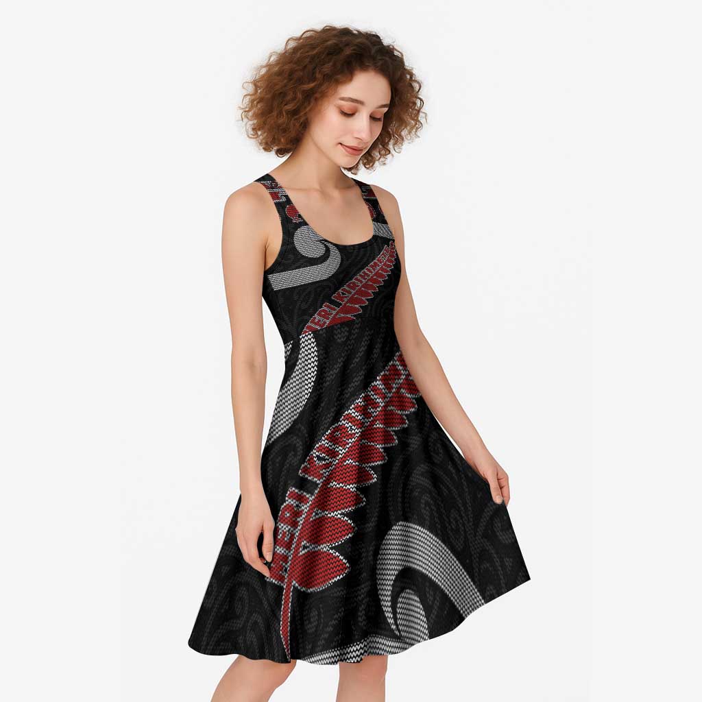 New Zealand Christmas Midi Dress Meri Kirihimete Silver Fern Knit Style Red Color LT03 - Polynesian Pride