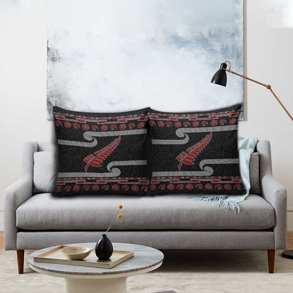 New Zealand Christmas Pillow Cover Meri Kirihimete Silver Fern Knit Style Red Color - Polynesian Pride