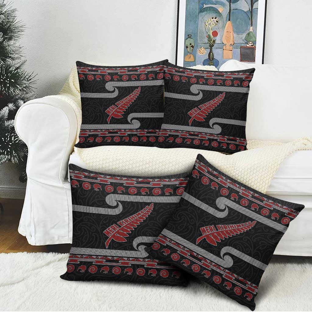 New Zealand Christmas Pillow Cover Meri Kirihimete Silver Fern Knit Style Red Color - Polynesian Pride
