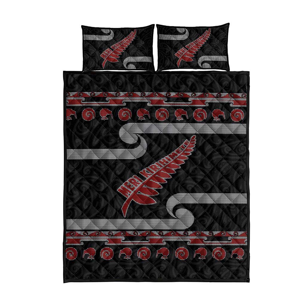 New Zealand Christmas Quilt Bed Set Meri Kirihimete Silver Fern Knit Style Red Color - Polynesian Pride