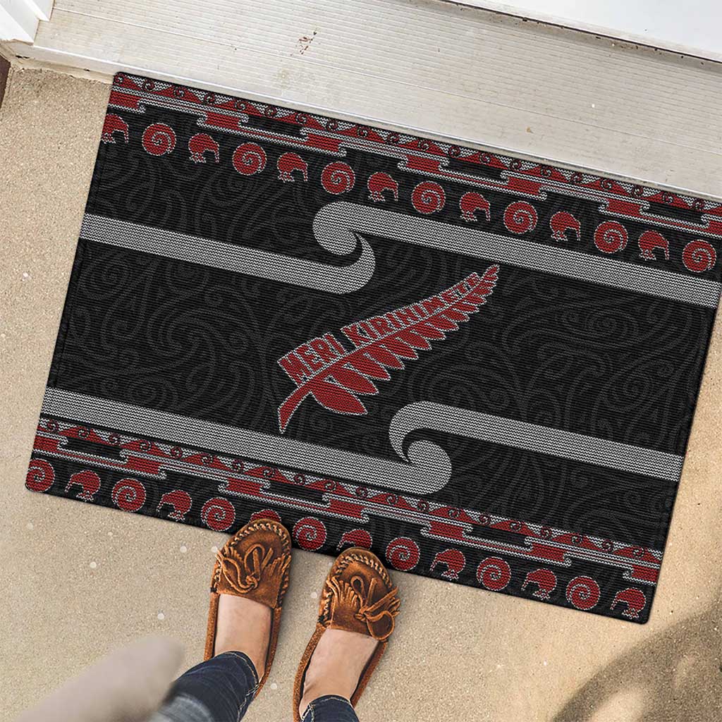 New Zealand Christmas Rubber Doormat Meri Kirihimete Silver Fern Knit Style Red Color - Polynesian Pride
