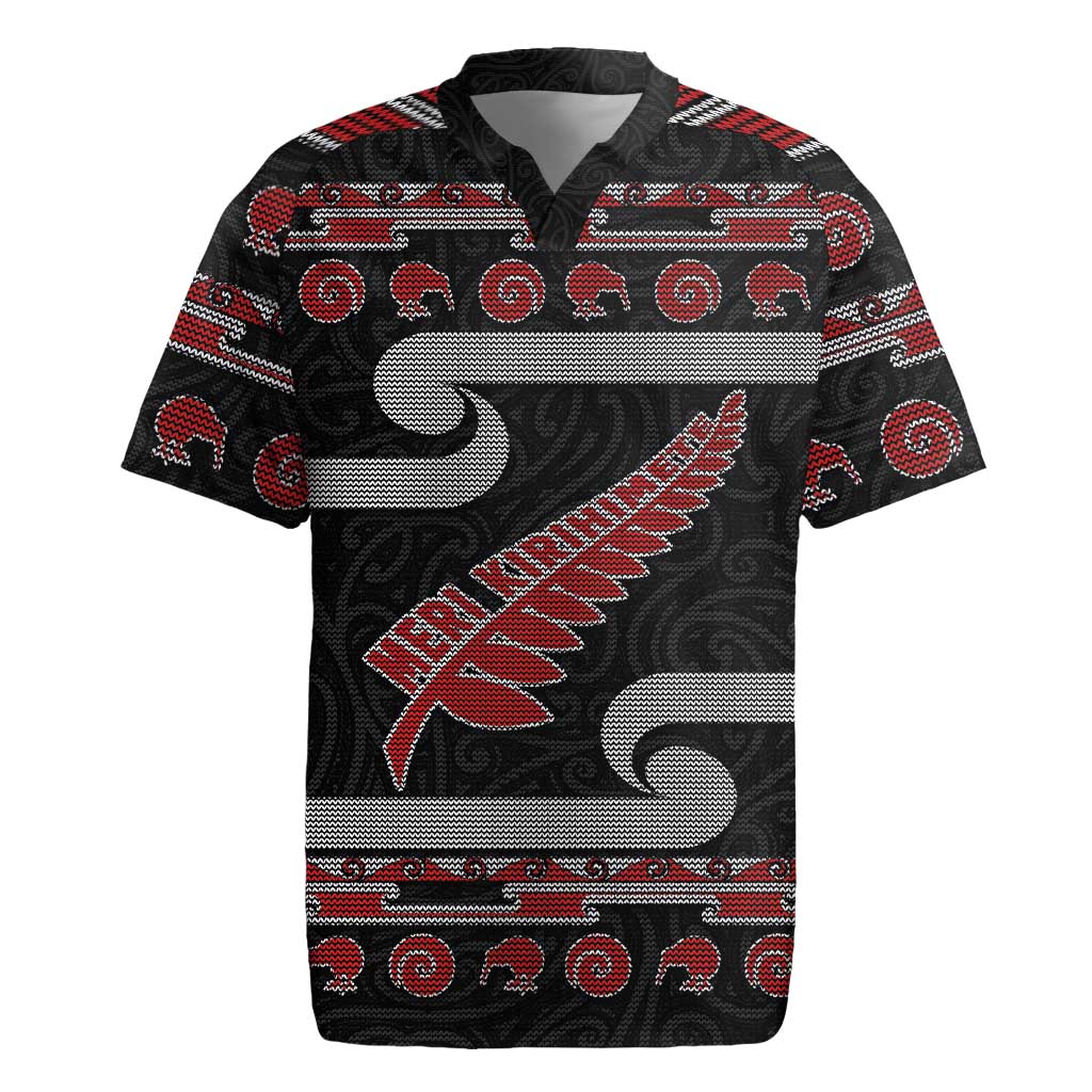 New Zealand Christmas Rugby Jersey Meri Kirihimete Silver Fern Knit Style Red Color - Polynesian Pride
