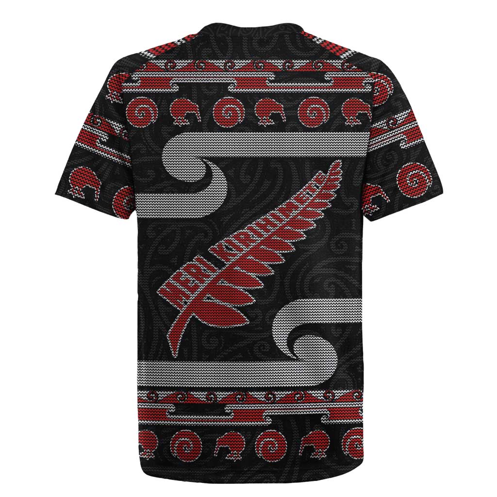 New Zealand Christmas Rugby Jersey Meri Kirihimete Silver Fern Knit Style Red Color - Polynesian Pride