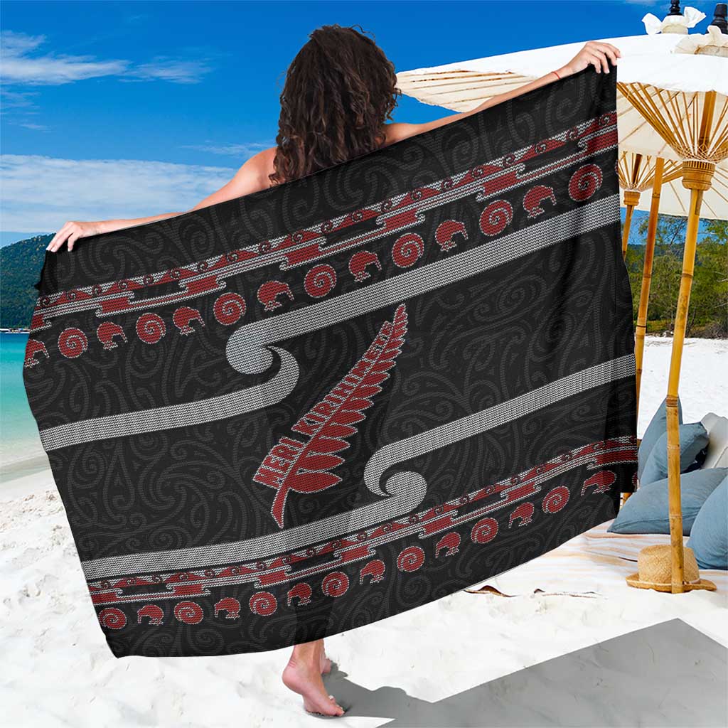 New Zealand Christmas Sarong Meri Kirihimete Silver Fern Knit Style Red Color - Polynesian Pride