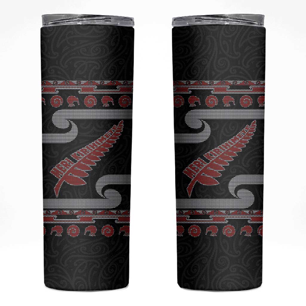 New Zealand Christmas Skinny Tumbler Meri Kirihimete Silver Fern Knit Style Red Color - Polynesian Pride