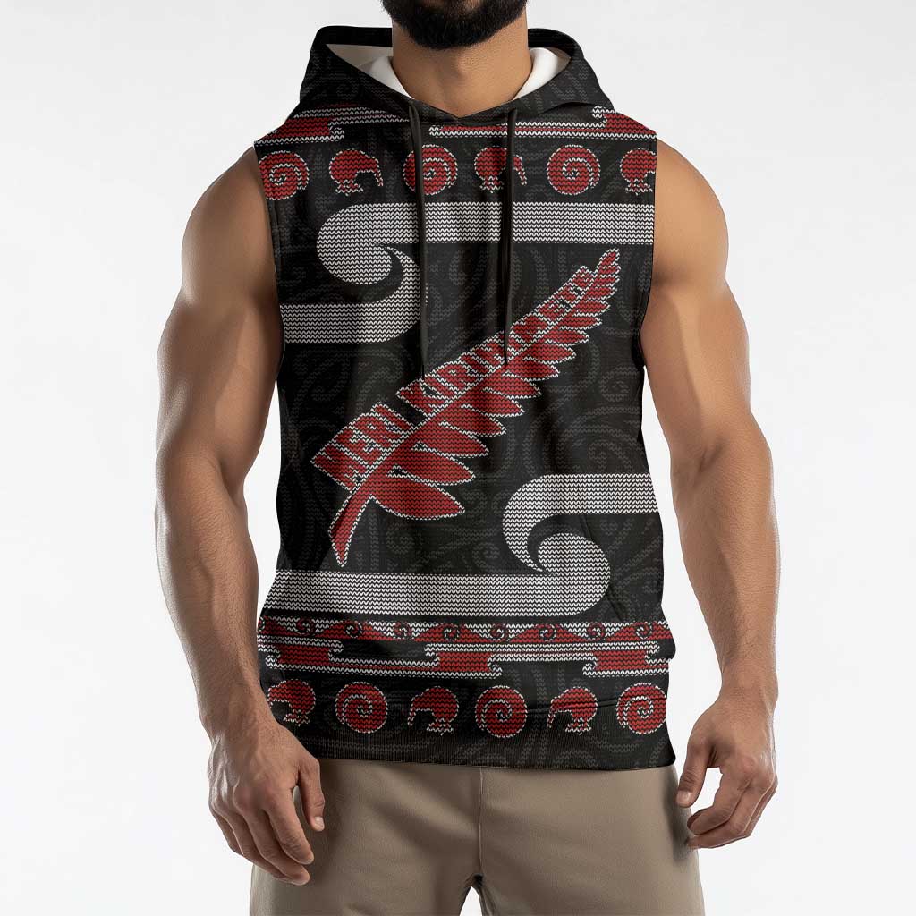 New Zealand Christmas Sleeveless Hoodie Meri Kirihimete Silver Fern Knit Style Red Color - Polynesian Pride