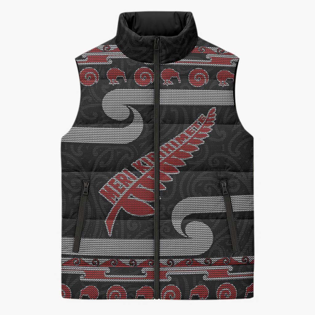 New Zealand Christmas Sleeveless Puffer Jacket Meri Kirihimete Silver Fern Knit Style Red Color - Polynesian Pride