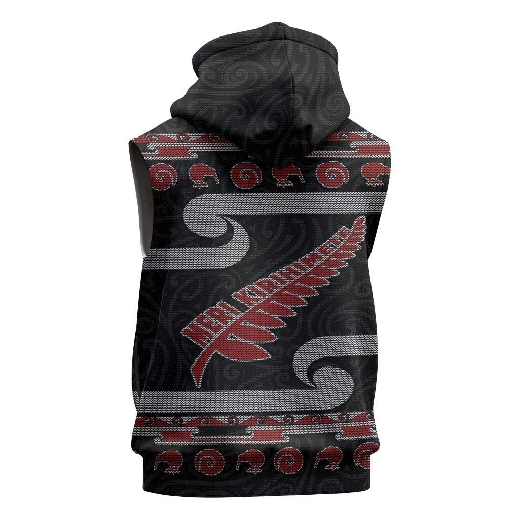 New Zealand Christmas Sleeveless Zip Hoodie Meri Kirihimete Silver Fern Knit Style Red Color - Polynesian Pride