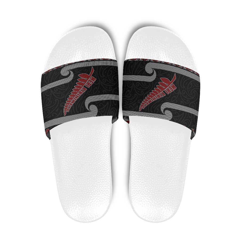 New Zealand Christmas Slide Sandals Meri Kirihimete Silver Fern Knit Style Red Color - Polynesian Pride