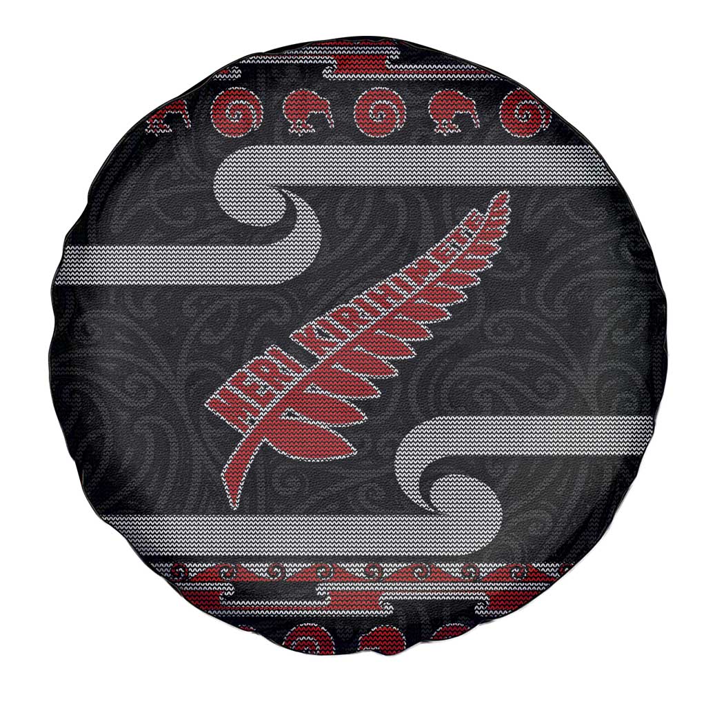 New Zealand Christmas Spare Tire Cover Meri Kirihimete Silver Fern Knit Style Red Color - Polynesian Pride