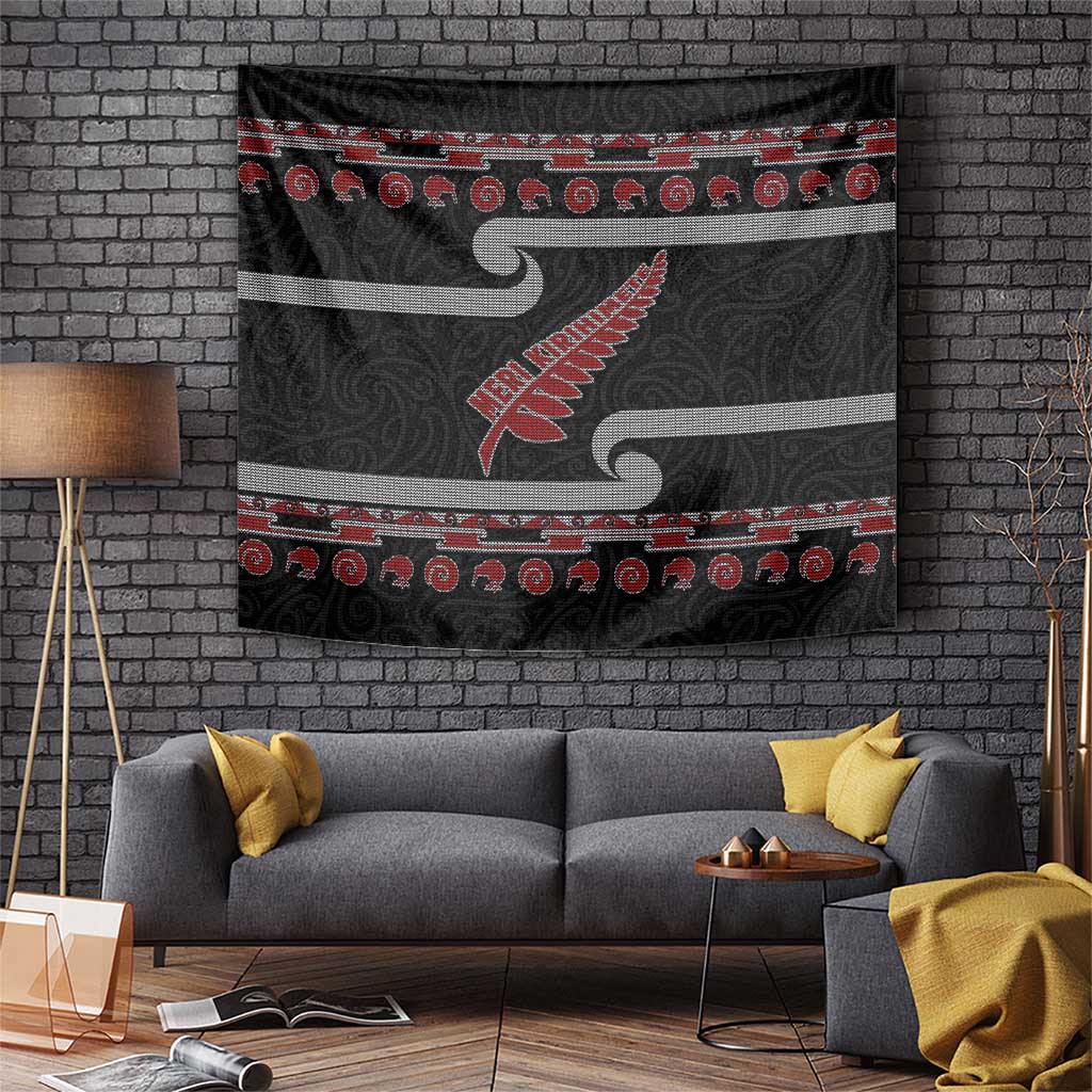 New Zealand Christmas Tapestry Meri Kirihimete Silver Fern Knit Style Red Color - Polynesian Pride