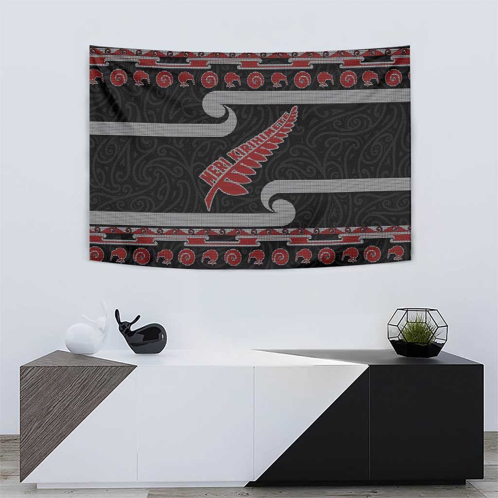 New Zealand Christmas Tapestry Meri Kirihimete Silver Fern Knit Style Red Color - Polynesian Pride