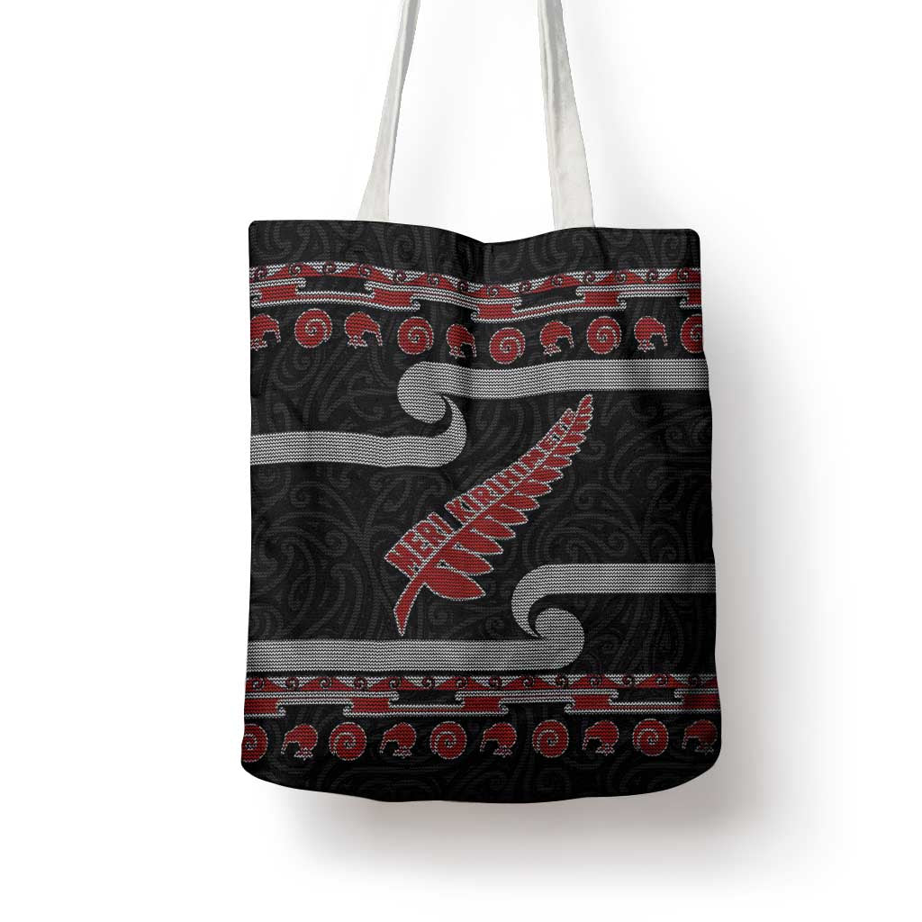 New Zealand Christmas Tote Bag Meri Kirihimete Silver Fern Knit Style Red Color - Polynesian Pride
