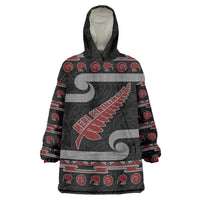 New Zealand Christmas Wearable Blanket Hoodie Meri Kirihimete Silver Fern Knit Style Red Color - Polynesian Pride