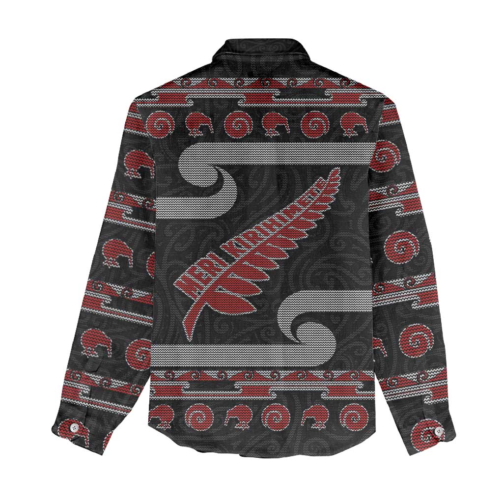 New Zealand Christmas Women Casual Shirt Meri Kirihimete Silver Fern Knit Style Red Color - Polynesian Pride