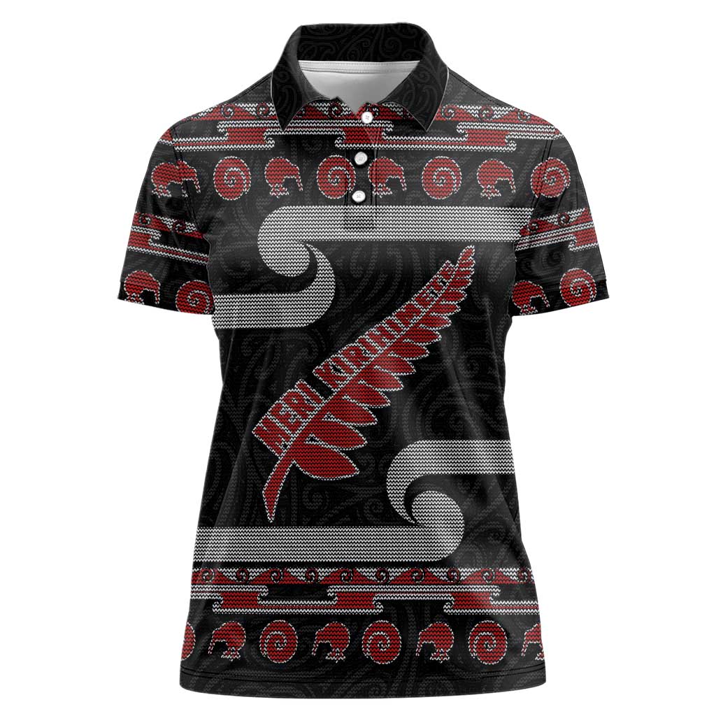 New Zealand Christmas Women Polo Shirt Meri Kirihimete Silver Fern Knit Style Red Color - Polynesian Pride
