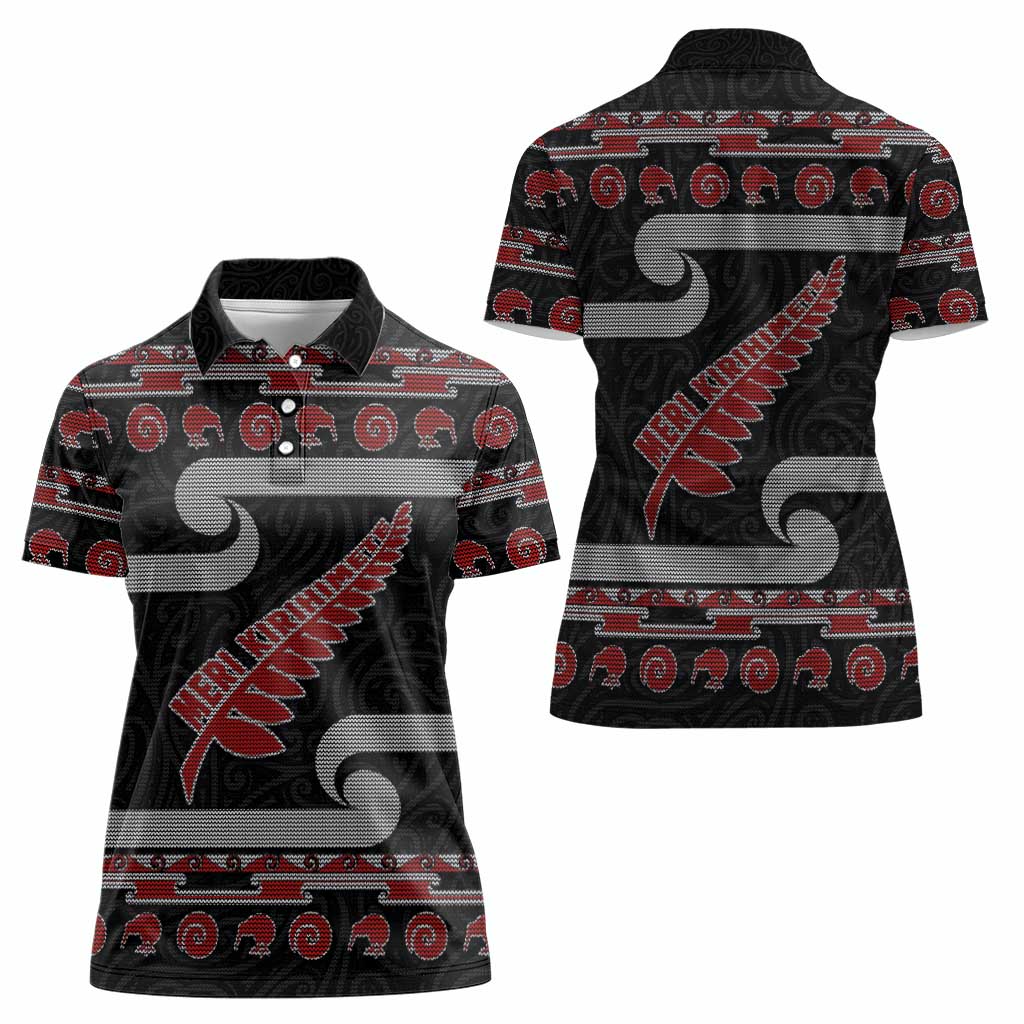 New Zealand Christmas Women Polo Shirt Meri Kirihimete Silver Fern Knit Style Red Color - Polynesian Pride