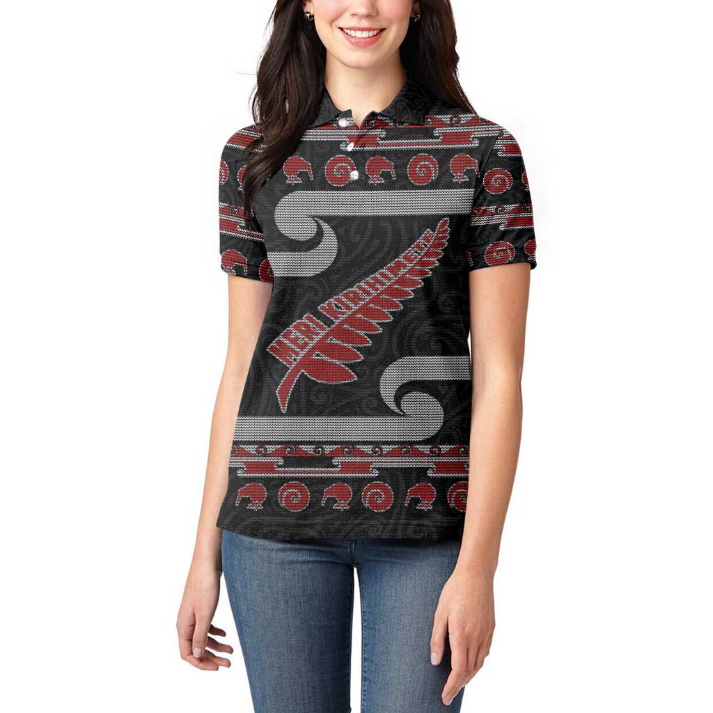 New Zealand Christmas Women Polo Shirt Meri Kirihimete Silver Fern Knit Style Red Color - Polynesian Pride