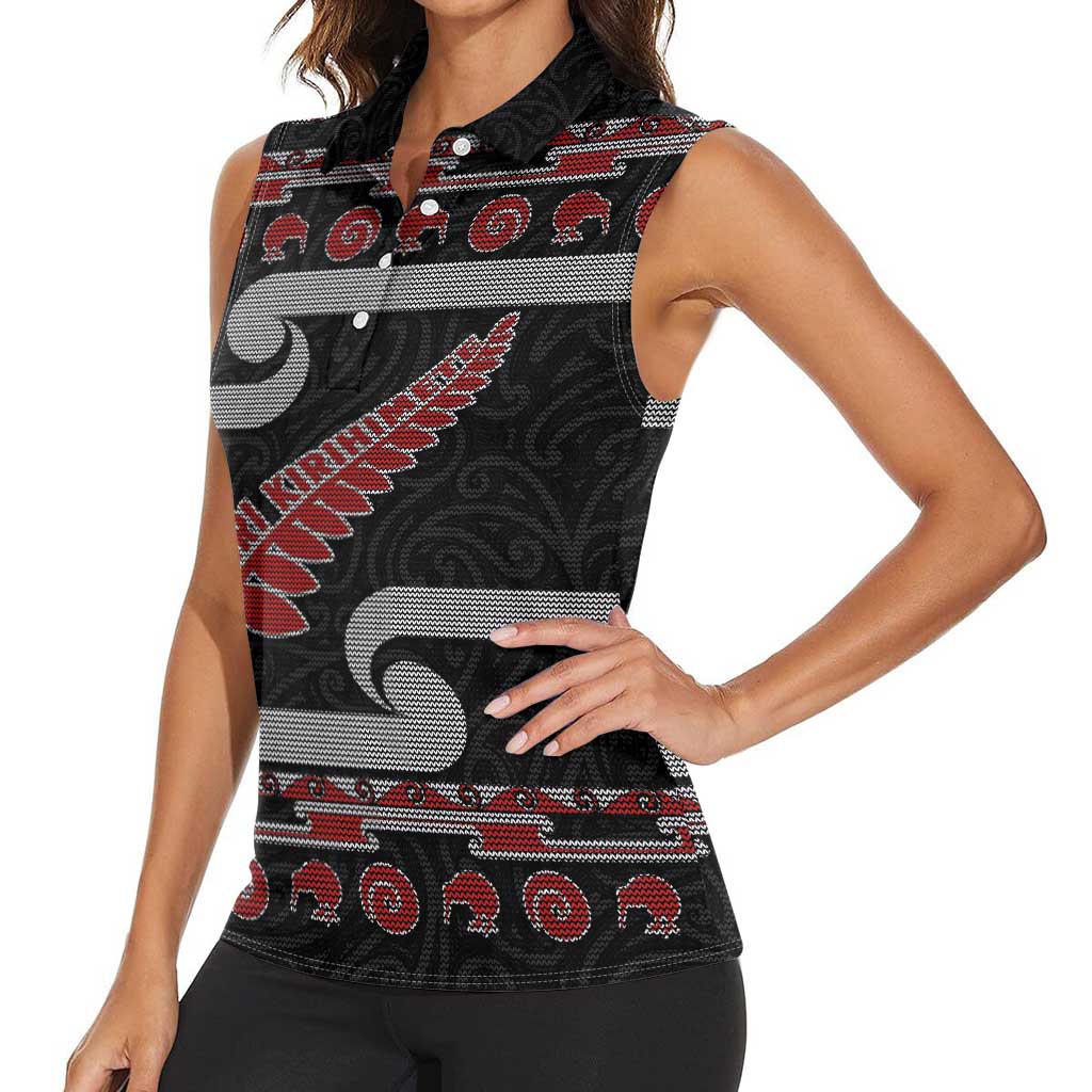 New Zealand Christmas Women Sleeveless Polo Shirt Meri Kirihimete Silver Fern Knit Style Red Color - Polynesian Pride