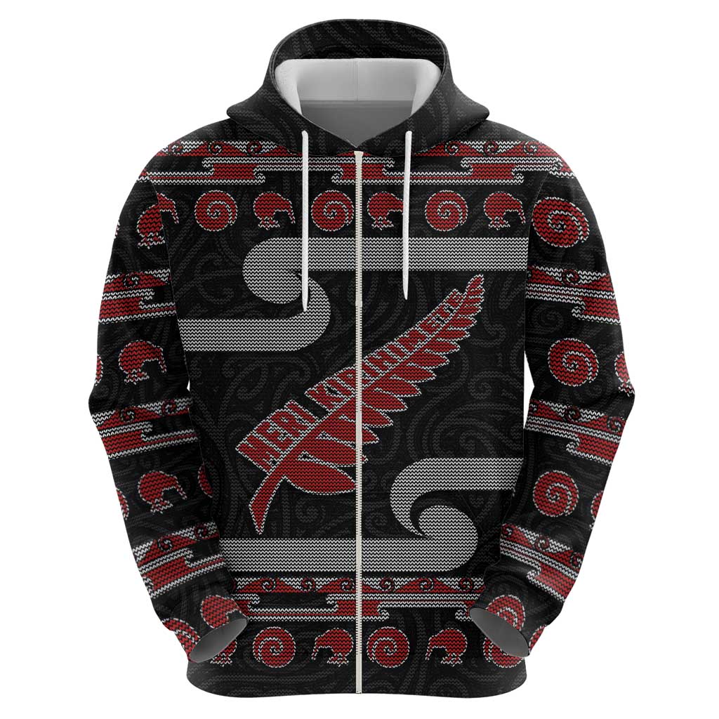 New Zealand Christmas Zip Hoodie Meri Kirihimete Silver Fern Knit Style Red Color - Polynesian Pride