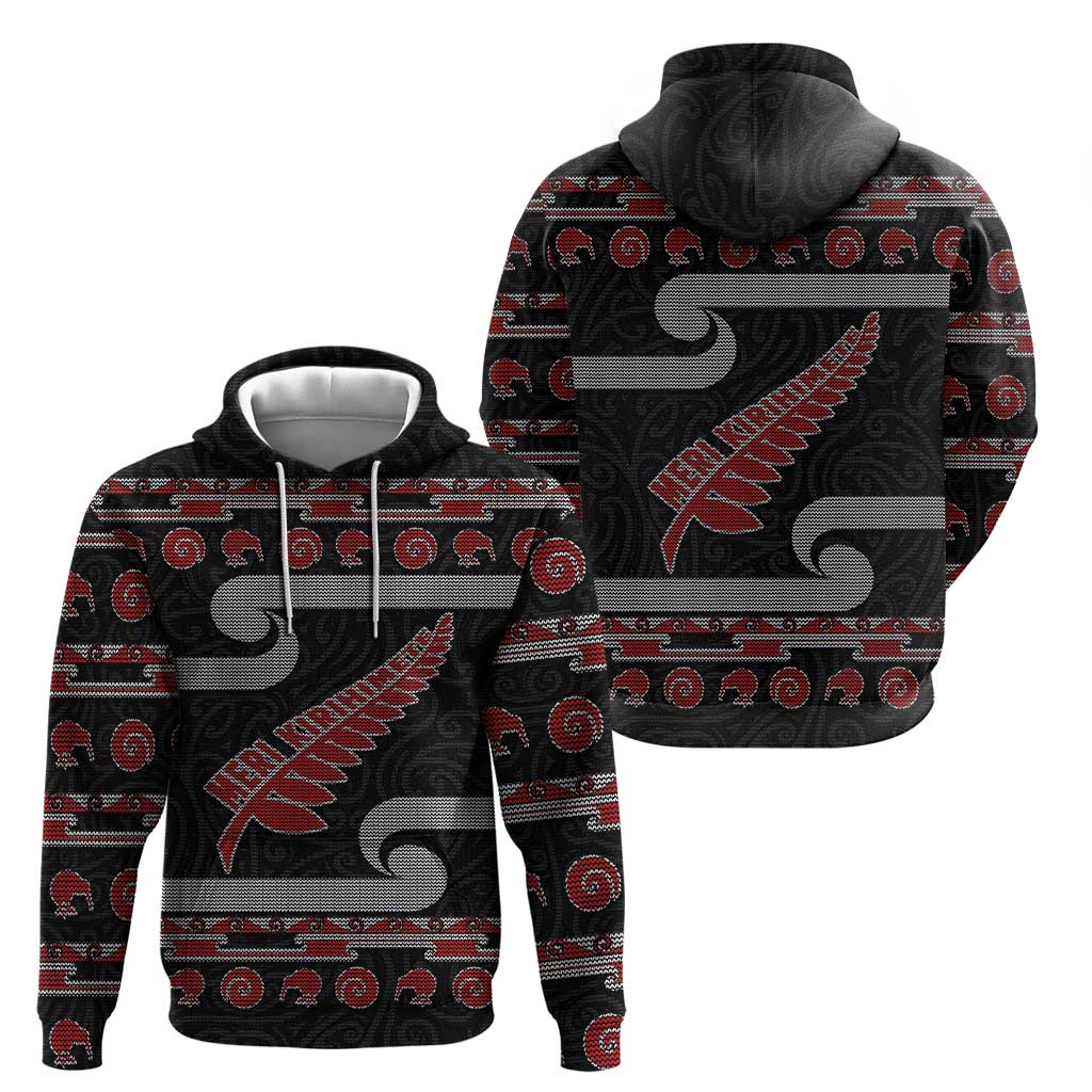 New Zealand Christmas Zip Hoodie Meri Kirihimete Silver Fern Knit Style Red Color - Polynesian Pride