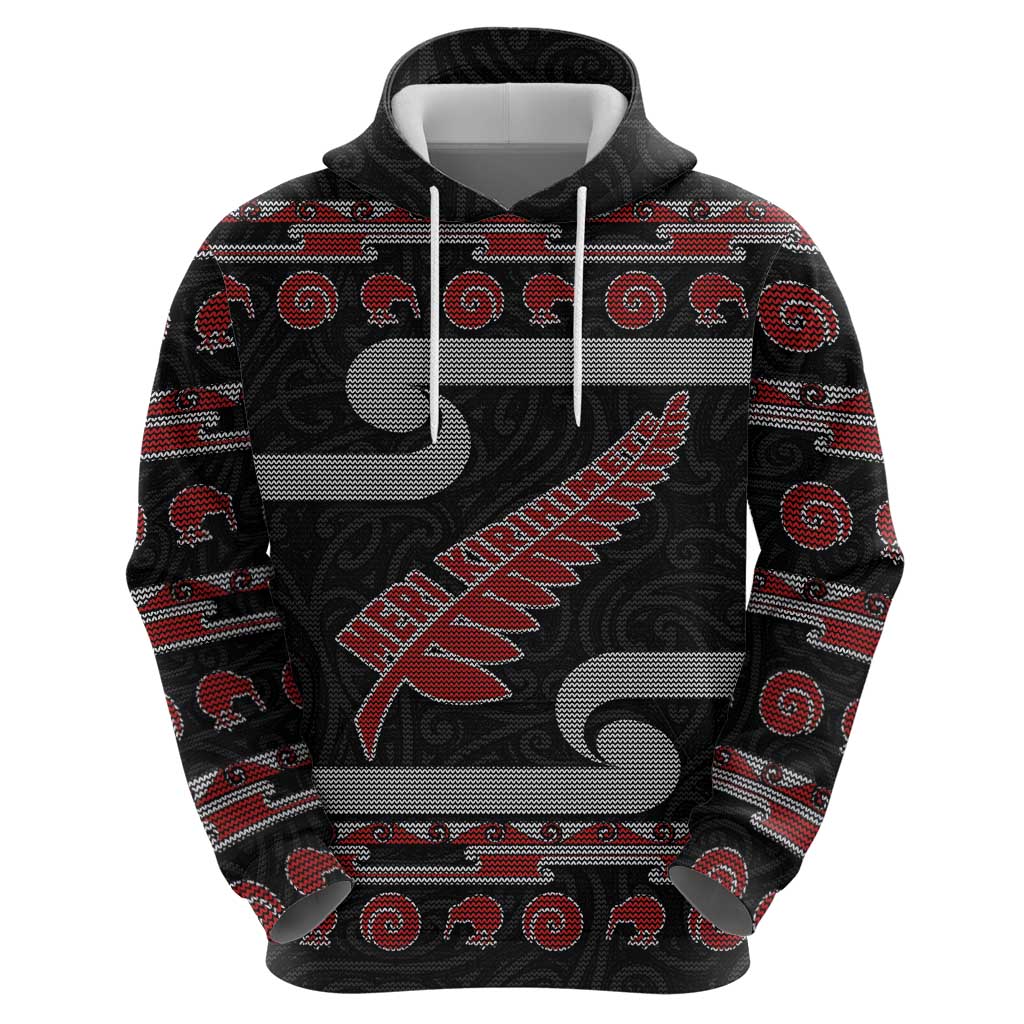 New Zealand Christmas Zip Hoodie Meri Kirihimete Silver Fern Knit Style Red Color - Polynesian Pride
