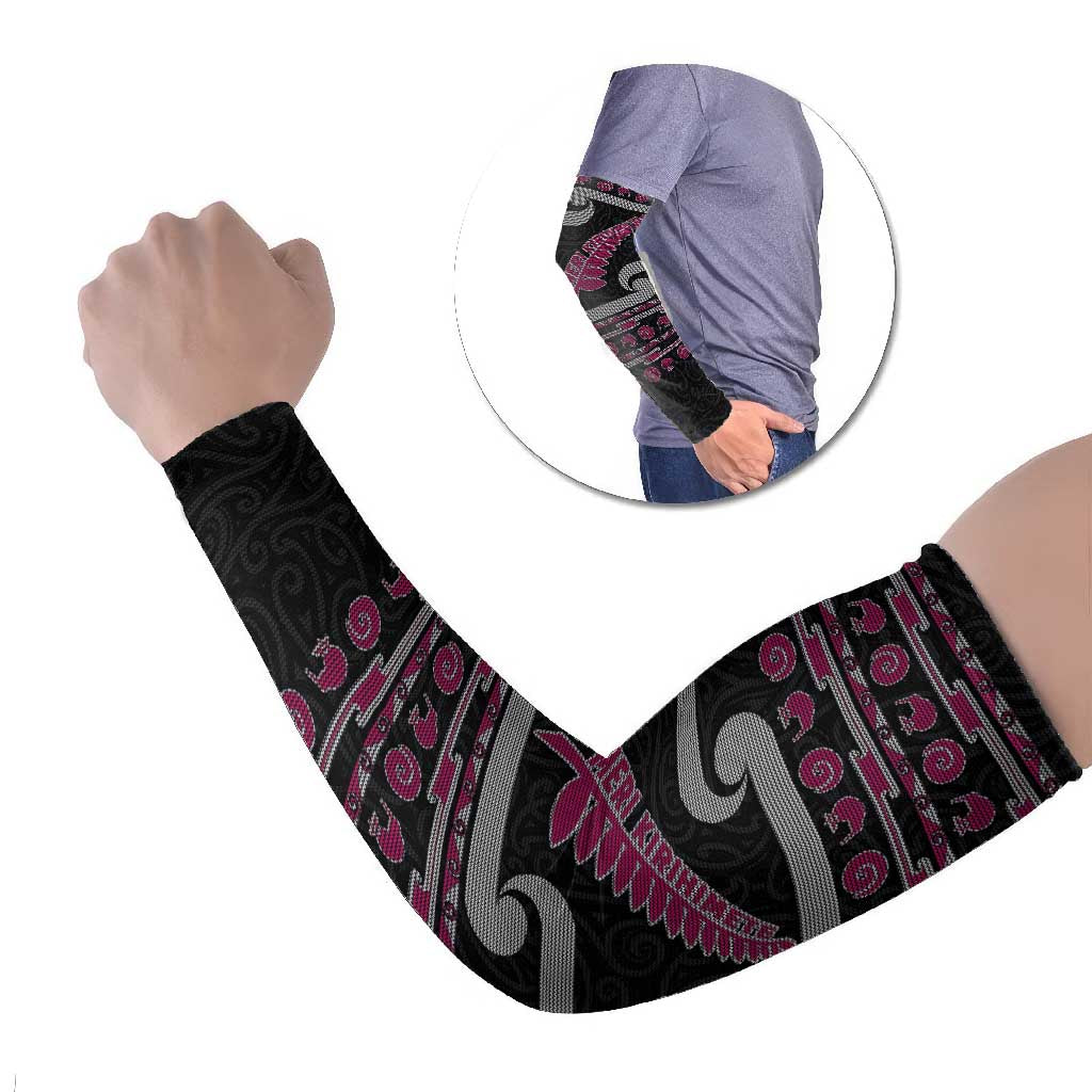 New Zealand Christmas Arm Sleeves Meri Kirihimete Silver Fern Knit Style Pink Color - Polynesian Pride