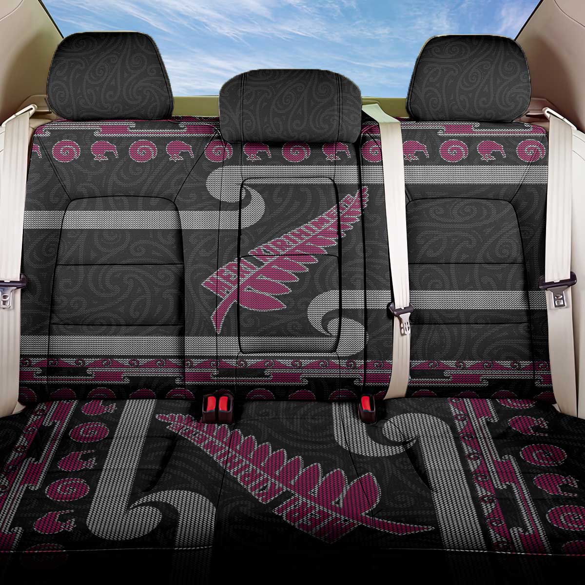 New Zealand Christmas Back Car Seat Cover Meri Kirihimete Silver Fern Knit Style Pink Color - Polynesian Pride
