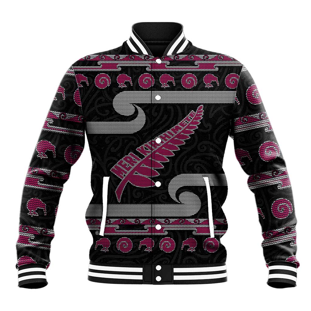 New Zealand Christmas Baseball Jacket Meri Kirihimete Silver Fern Knit Style Pink Color - Polynesian Pride
