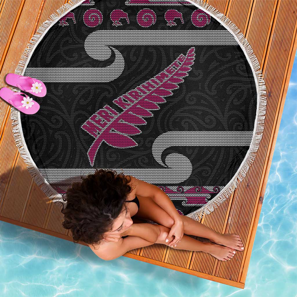 New Zealand Christmas Beach Blanket Meri Kirihimete Silver Fern Knit Style Pink Color - Polynesian Pride