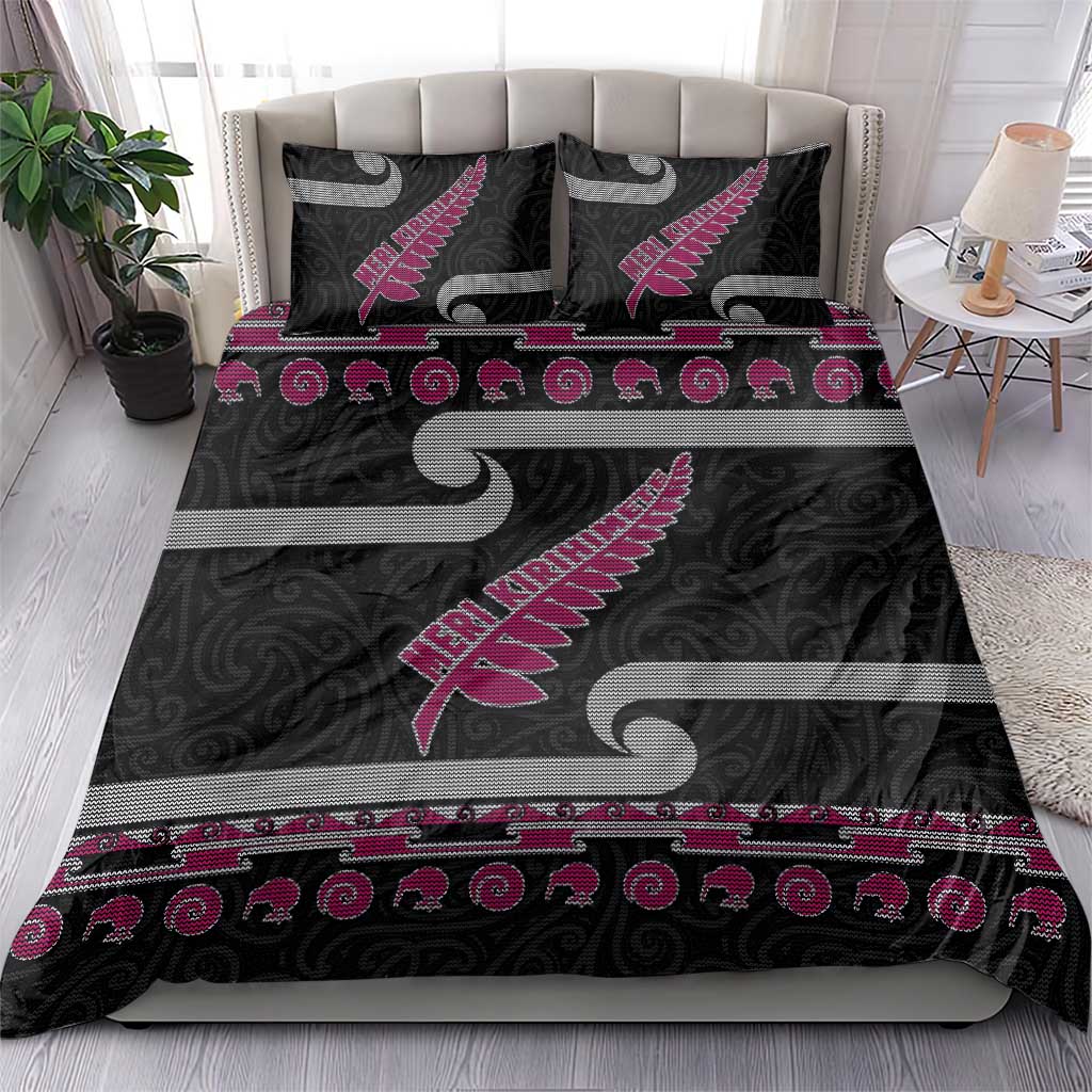New Zealand Christmas Bedding Set Meri Kirihimete Silver Fern Knit Style Pink Color - Polynesian Pride