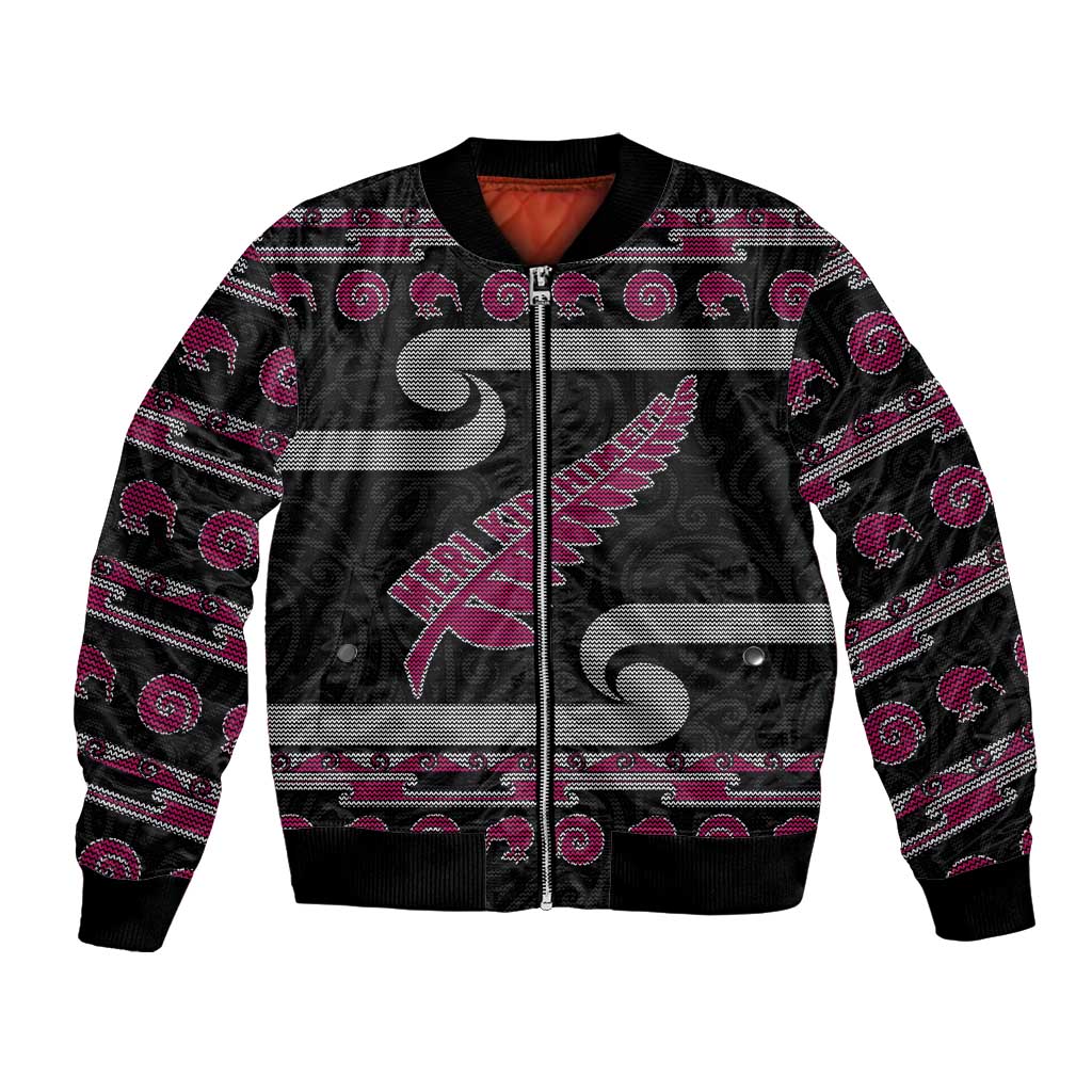New Zealand Christmas Bomber Jacket Meri Kirihimete Silver Fern Knit Style Pink Color - Polynesian Pride
