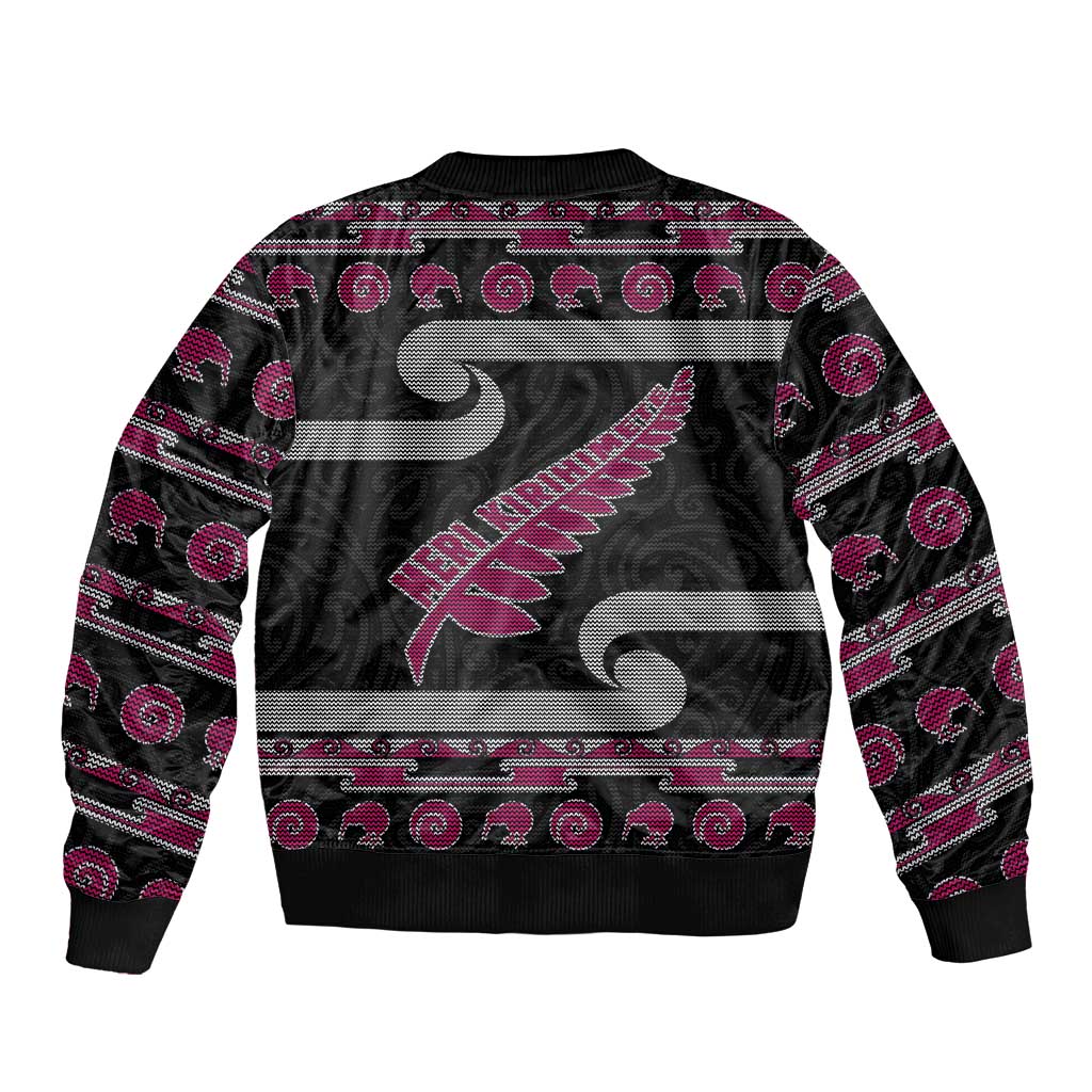 New Zealand Christmas Bomber Jacket Meri Kirihimete Silver Fern Knit Style Pink Color LT03 - Polynesian Pride