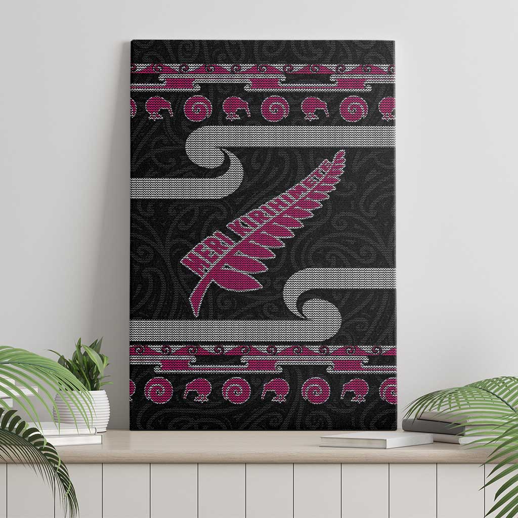 New Zealand Christmas Canvas Wall Art Meri Kirihimete Silver Fern Knit Style Pink Color - Polynesian Pride