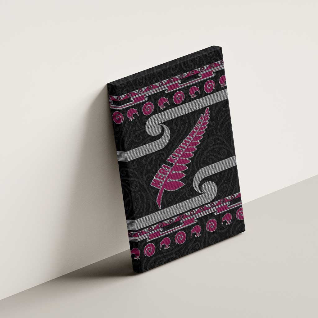 New Zealand Christmas Canvas Wall Art Meri Kirihimete Silver Fern Knit Style Pink Color - Polynesian Pride